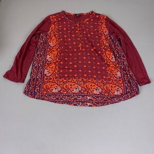 Lucky Brand Tunic Top Women's Plus Size 3X Burgundy Orange Paisley Henley‎ Boho